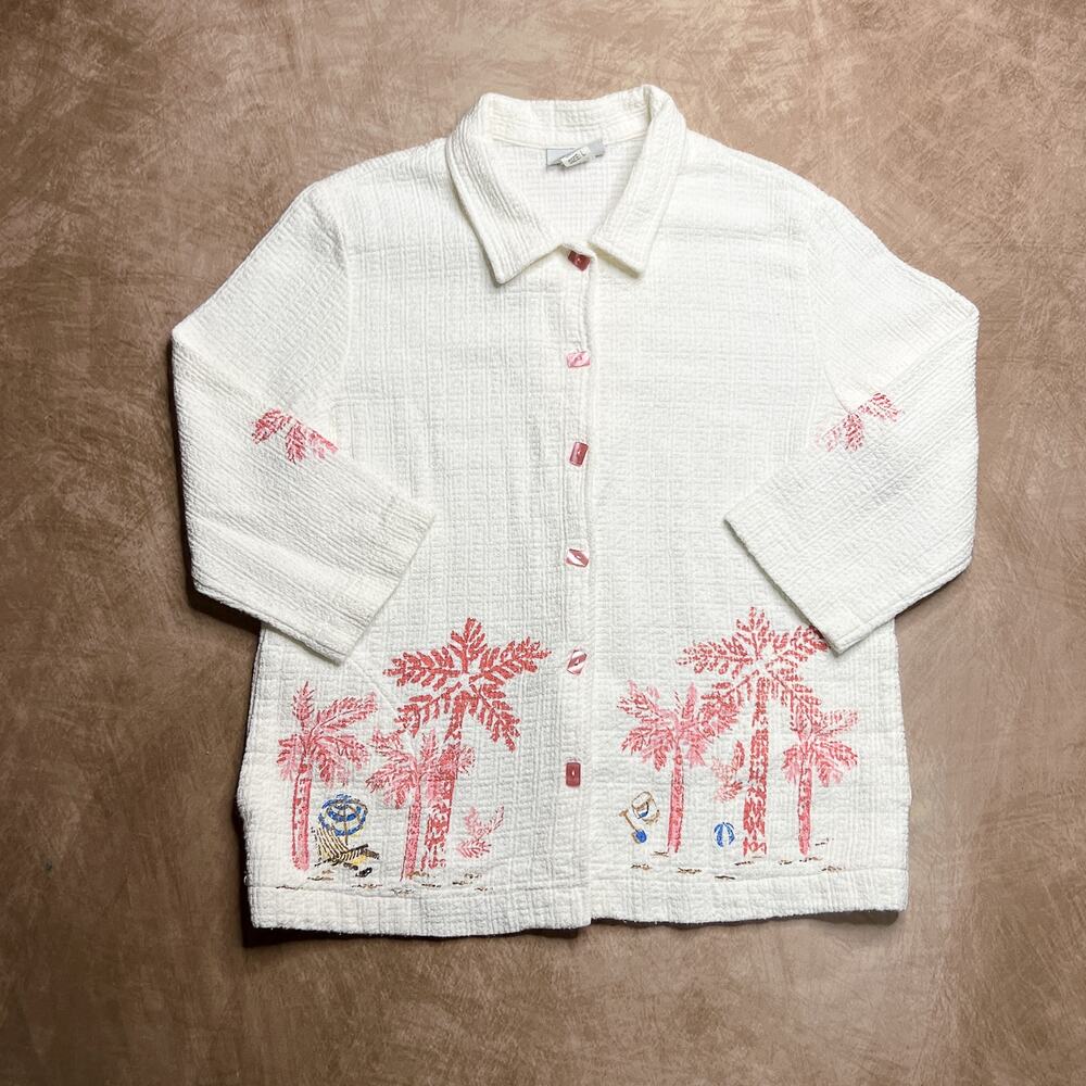 Graff Vintage Hand Painted Beach Button Up Shirt White Textured 3/4 Sleeve Boho